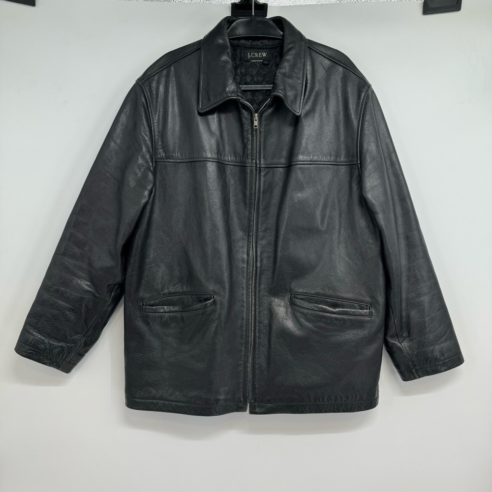 Vintage J. Crew Leather Full Zip Jacket Men's Size L Black Heavyweight Quilted
